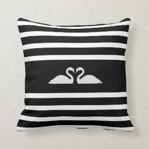 Two Swans on Black & White Striped Cushion