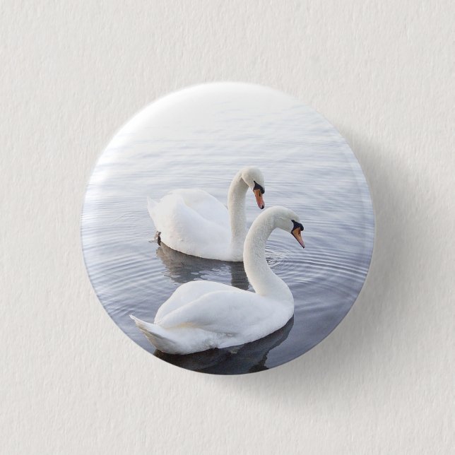 Two Swans Swimming on Tranquil Lake 3 Cm Round Badge (Front)