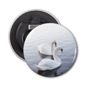 Two Swans Swimming on Tranquil Lake Bottle Opener