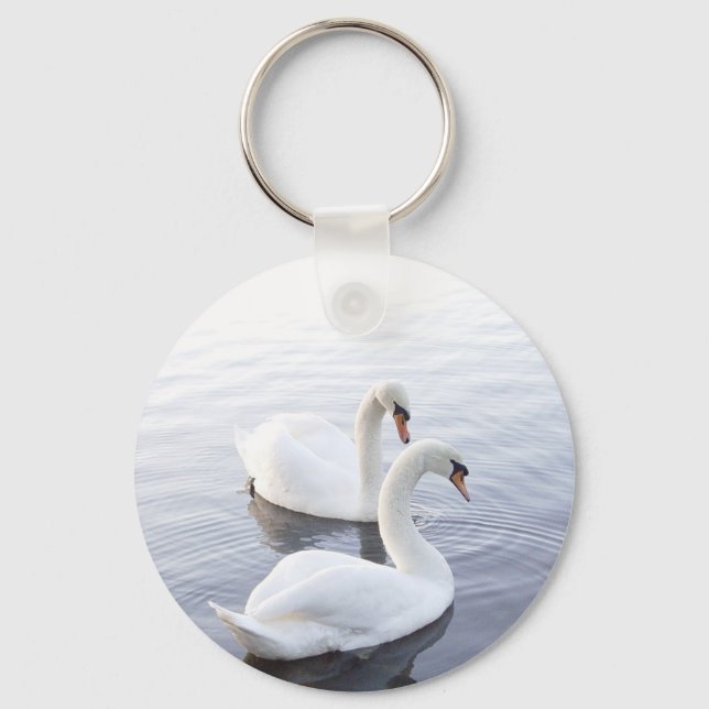 Two Swans Swimming on Tranquil Lake Key Ring (Front)