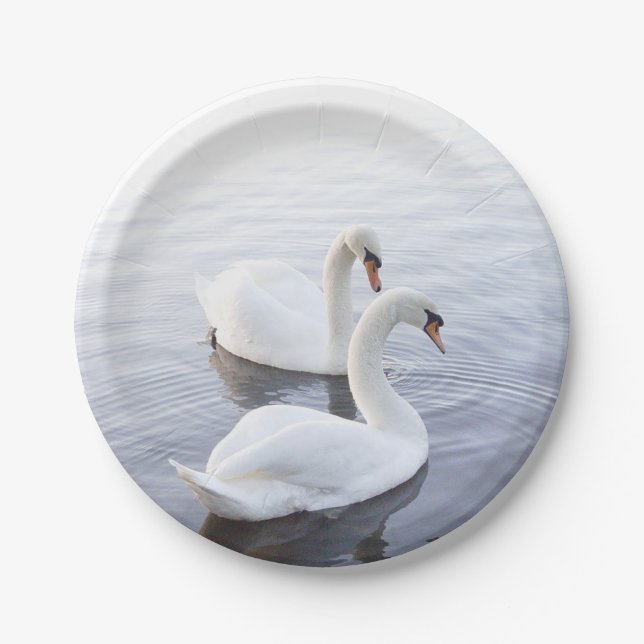 Two Swans Swimming on Tranquil Lake Paper Plate (Front)