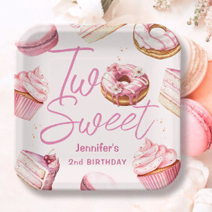 TWO Sweet 2nd Birthday Girls Pink Doughnut Paper Plate