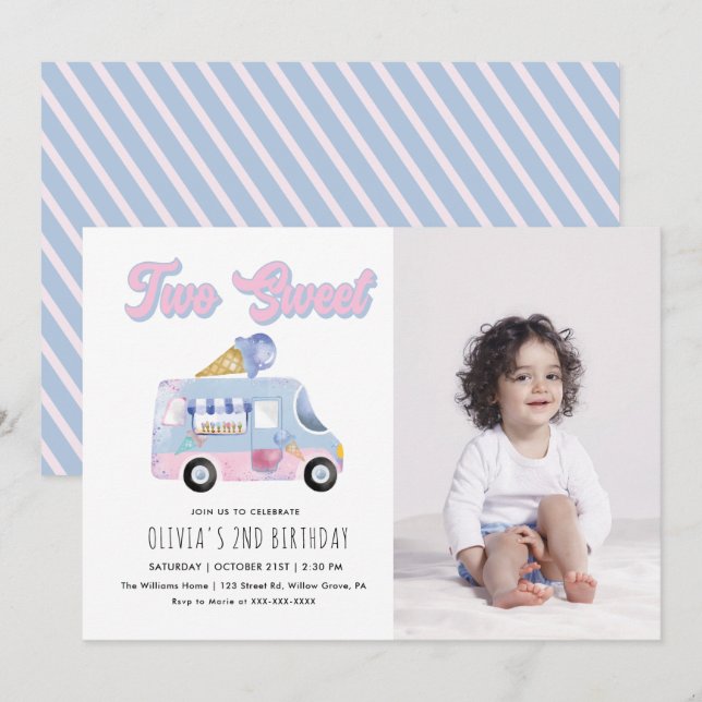 Two Sweet 2nd Birthday ice Cream Truck Invitation (Front/Back)