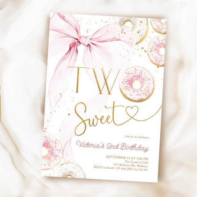 Two Sweet 2nd Birthday Pink Bow Doughnuts Invitation (Creator Uploaded)