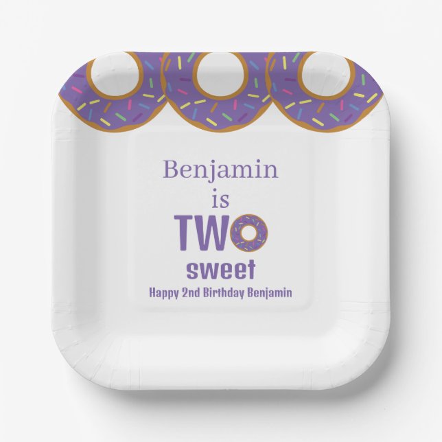Two Sweet 2nd Birthday Purple Donut Party Paper Plate (Front)