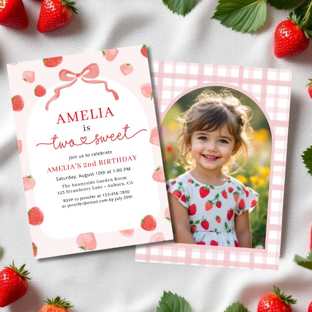 Two Sweet 2nd Bow Strawberry Photo Birthday Invitation (Creator Uploaded)