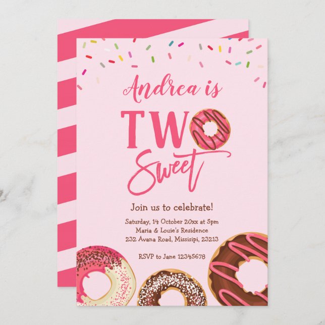 Two Sweet 2nd doughnut themed birthday invitation (Front/Back)