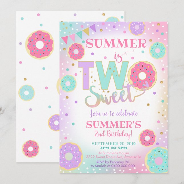 Two Sweet Birthday Invitation Doughnut 2nd Birthda (Front/Back)