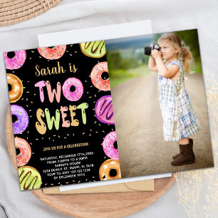 Two Sweet Black Photo Doughnut Birthday Invitation