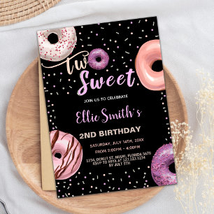 Two Sweet Black Pink Doughnut Birthday Invitations