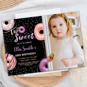Two Sweet Black Pink Photo Doughnut Birthday Invitation