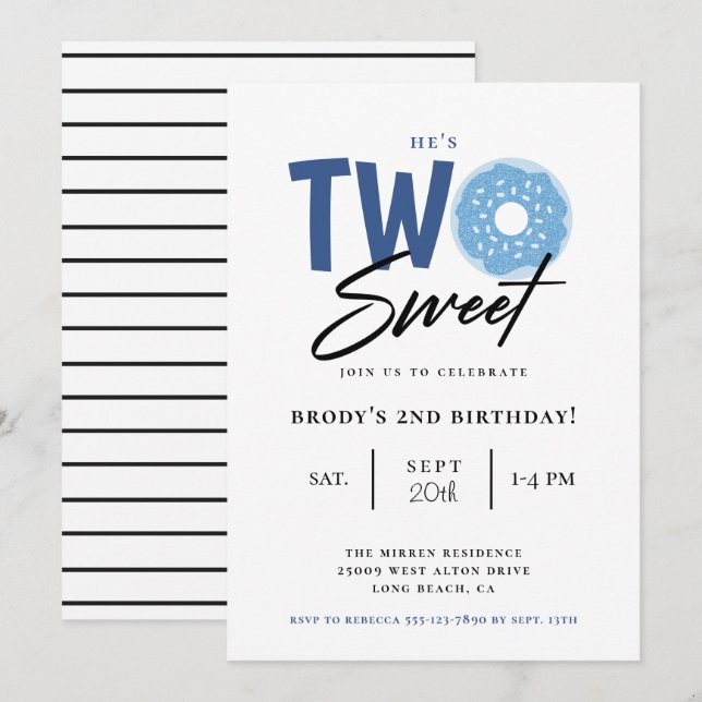 Two Sweet Blue Doughnut 2nd Birthday Party Invitation (Front/Back)