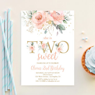 TWO Sweet Blush Pink Floral Gold Second Birthday Invitation