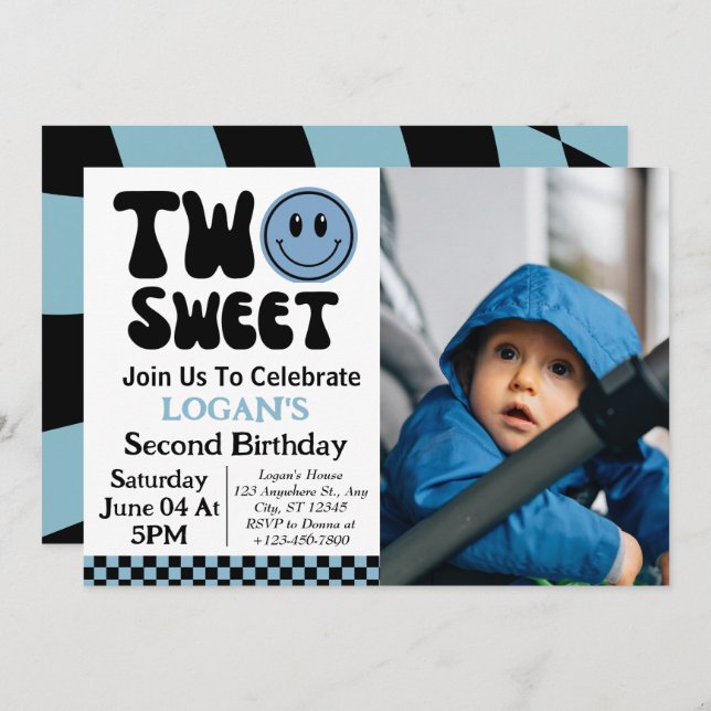 Two Sweet Boy 2nd Birthday Photo Invitation (Front/Back)