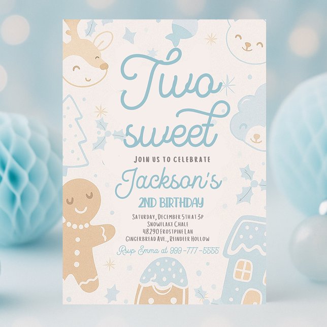 Two Sweet Boy Christmas Cookie 2nd Birthday Party Invitation (Two Sweet boy Christmas cookie second birthday party invitation with gingerbread, holiday cookies, a)