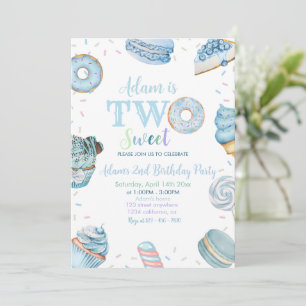 Two Sweet Boy Doughnut Blue Desserts 2nd Birthday Invitation