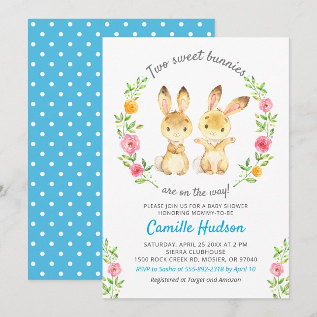 Two Sweet Bunnies On The Way Twin Boys Baby Shower Invitation (Front/Back)