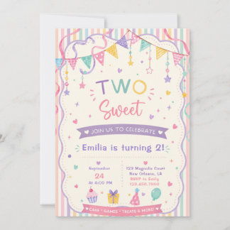 Two sweet candy pastel sweet treats 2nd birthday invitation