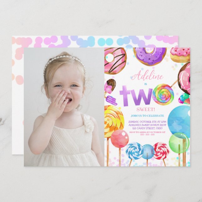 Two Sweet Candyland Colourful 2nd Birthday Photo Invitation (Front/Back)
