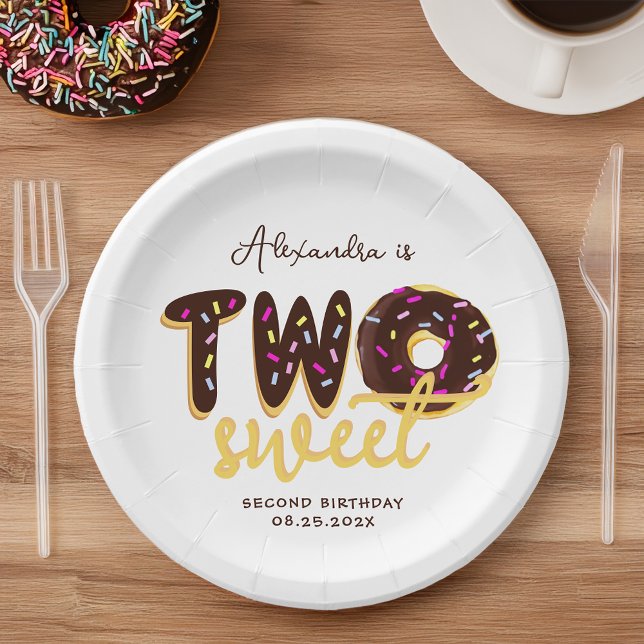 Two Sweet Chocolate Doughnut Second Birthday Scrip Paper Plate (Creator Uploaded)