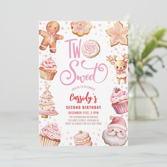 Two Sweet Christmas Cookie Girl 2nd Birthday Party Invitation (Standing Front)