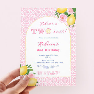 Two Sweet Citrus Pink Flowers 2nd Birthday Party Invitation