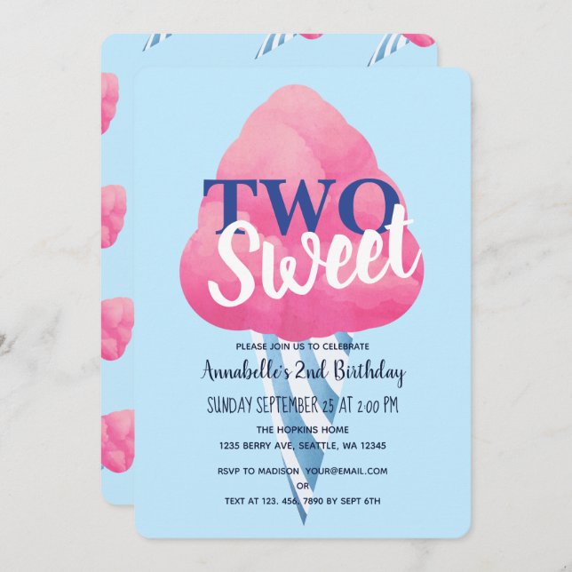 Two Sweet Cotton Candy Kids Second Birthday Invitation (Front/Back)