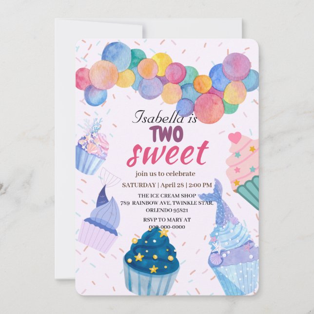 Two Sweet cup cake and mermaid 2nd Birthday Girl  Invitation (Front)