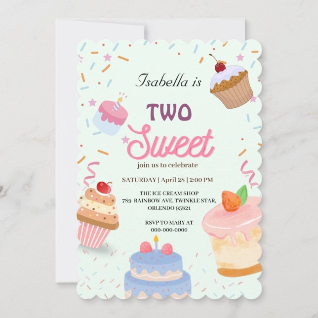 Two Sweet cup cake and Sprinkle 2nd Birthday Girl  Invitation (Front)