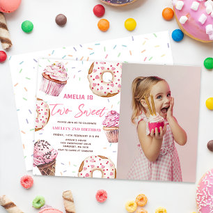 Two Sweet Cupcake & Doughnuts 2nd Birthday Photo Invitation