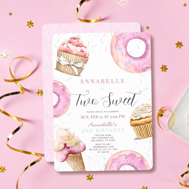 Two Sweet Cupcake & Doughnuts Girl 2nd Birthday Invitation (Creator Uploaded)