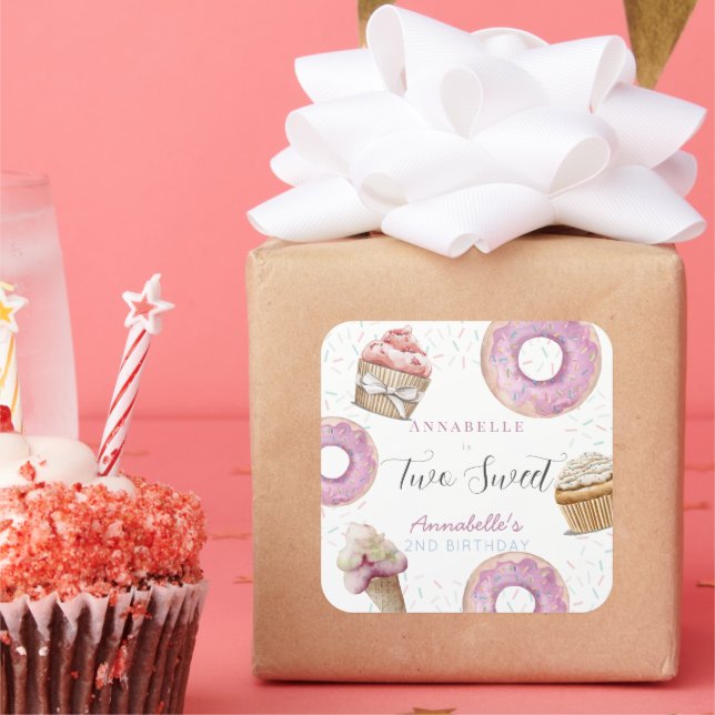 Two Sweet Cupcake & Doughnuts Girl 2nd Birthday Square Sticker (Party)