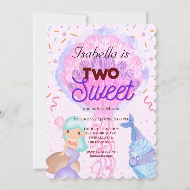 Two Sweet cupcake rainbow mermaid 2nd Birthday kid Invitation (Front)