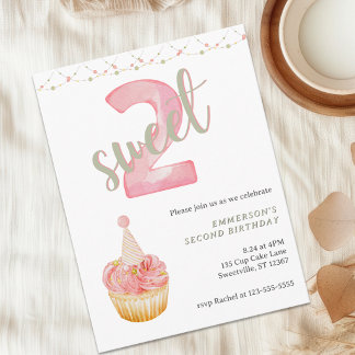 Two Sweet Cute Cupcake 2nd Birthday Invitation Postcard