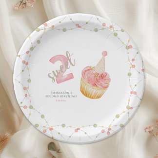 Two Sweet Cute Cupcake 2nd Birthday Paper Plate
