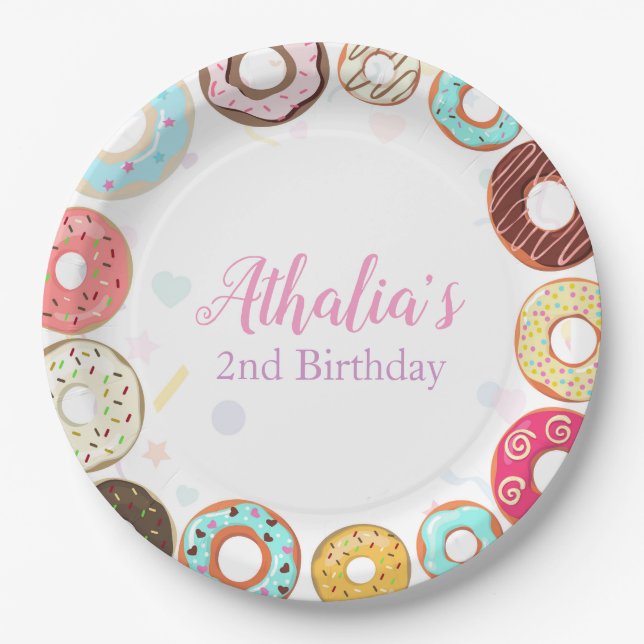 Two Sweet Cute Doughnuts 2nd Birthday Paper Plate (Front)