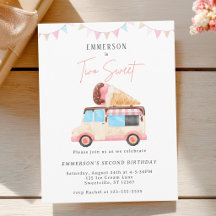 Two Sweet Cute Ice Cream Truck 2nd Birthday Invite