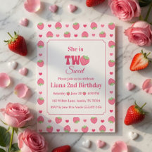 Two Sweet Cute Pink Strawberry Girl 2nd Birthday