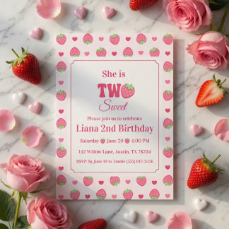 Two Sweet Cute Pink Strawberry Girl 2nd Birthday  Invitation