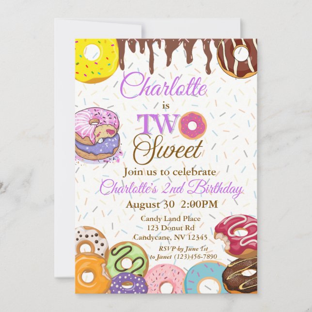 "TWO Sweet" Doughnut 2nd Birthday Invitation (Front)