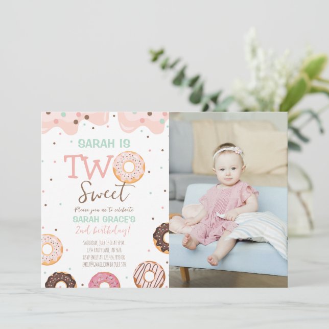 Two Sweet Doughnut 2nd Birthday White Photo Invitation (Standing Front)