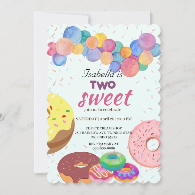 Two Sweet Doughnut and Balloon 2nd Birthday Girl  Invitation (Front)