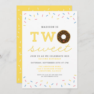 Two Sweet Doughnut and Sprinkles Yellow 2nd Birthd Invitation
