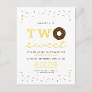 Two Sweet Doughnut and Sprinkles Yellow 2nd Birthd Invitation Postcard