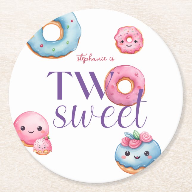 Two Sweet Doughnut Birthday Party Round Paper Coaster (Front)