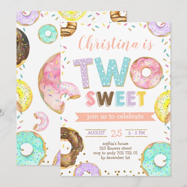 Two Sweet Doughnut Girl 2nd Birthday Sprinkles Invitation (Front/Back)