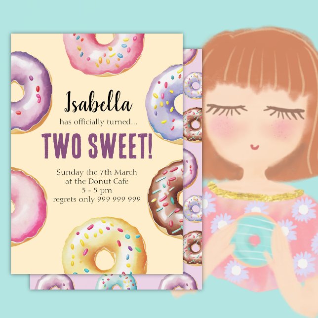 Two Sweet Doughnut Watercolor Girls Birthday  Invitation (Creator Uploaded)
