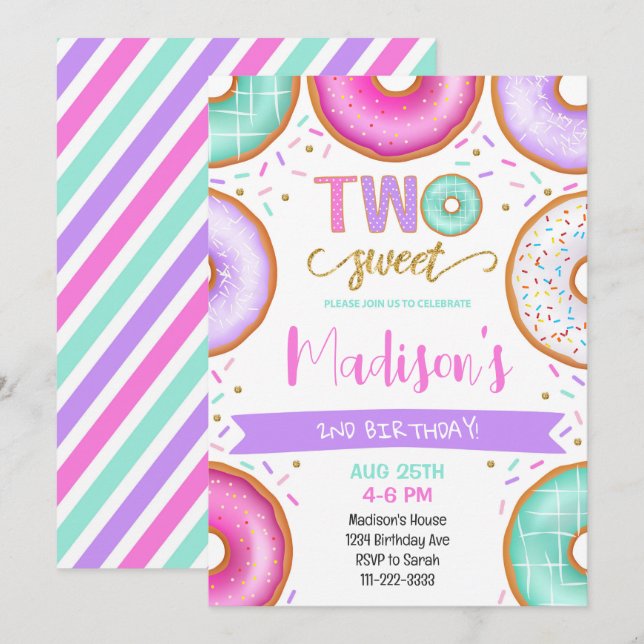 Two Sweet Doughnuts 2nd Birthday Invitation (Front/Back)