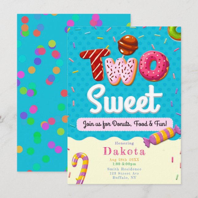 Two Sweet Doughnuts Girl Birthday Party Invitation (Front/Back)