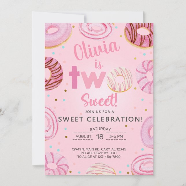 Two Sweet doughnuts girl second 2nd birthday invit Invitation (Front)